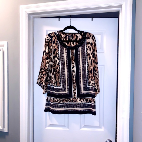 Alfani Tops - Alfani Leopard Print Blouse Beaded Neck Mixed Print Boho Top L